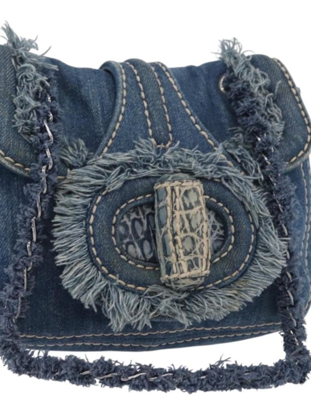 PRADA Chain Shoulder Bag Denim Blue Silver